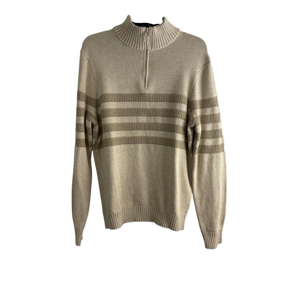 Tahari Mens Sweater Size Large Knit Quarter Zip Beige Horizonal Striped Casual